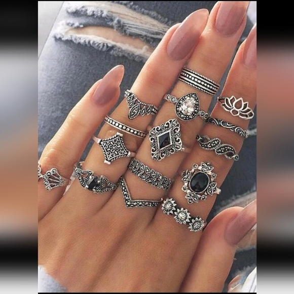 Jewelry - 15pcs/set  silver toneZinc Alloy vintage inspire Geometric Decor Ring For Women